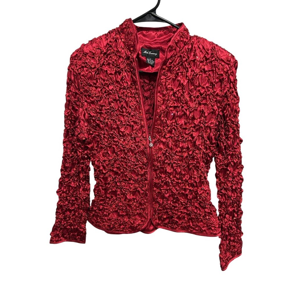 MSK Evening Sequin Textured Zip Front Mock Neck Jacket Red Sz Medium Holiday